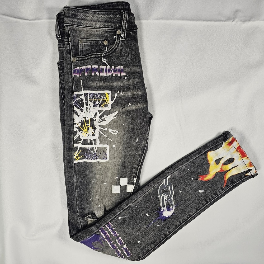 THRT Stacked Skinny Jeans‎ Mens 28x30 Black Graphic Flame Distressed Y2K